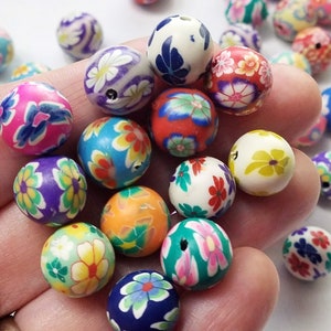 Set of 42, Round Beads, 12mm, Handmade Polymer, Clay Beads, Floral, Mixed Colors, Earring Beads, Necklace Beads, DIY Jewelry Making, #4B