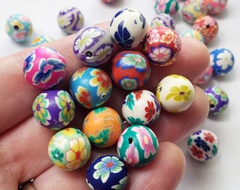 Set of 42, Round Beads, 12mm, Handmade Polymer, Clay Beads, Floral, Mixed Colors, Earring Beads, Necklace Beads, DIY Jewelry Making, #4B