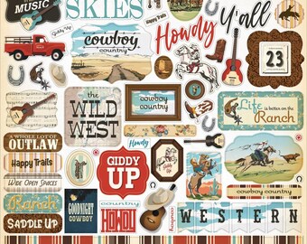 Cowboys Stickers, 12"X12" Cardstock Scrapbook Stickers, Wild West Stickers, Country Horse Stickers, Outlaw Stickers, Cowboy Cowgirls, #14