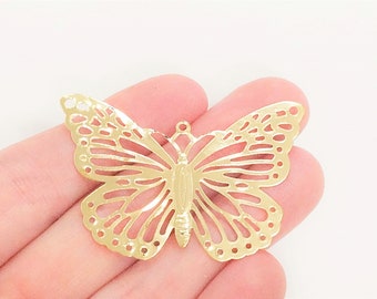 Set of 10, Golden Filigree Butterfly Pendant, Flat Pendant, Gold Iron Filigree Pendant, Gifts for Her, Butterflies, Summer Jewelry, #5P