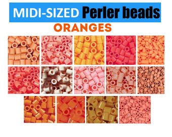 May include: A collection of orange-toned MIDI-SIZED Perler beads. The image displays various shades of orange, from light peach to deep coral. The text "ORANGES" is displayed below the text "MIDI-SIZED Perler beads" in a blue rectangle.