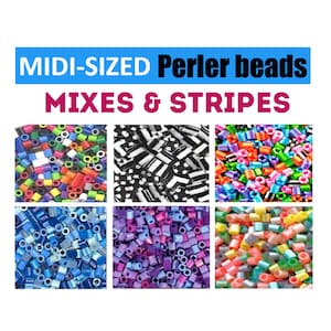 May include: An image displaying MIDI-SIZED Perler beads in mixes and stripes. The image presents six different colour combinations, including a mix of primary colours, black and white stripes, and shades of blue, purple, and pastel colours.