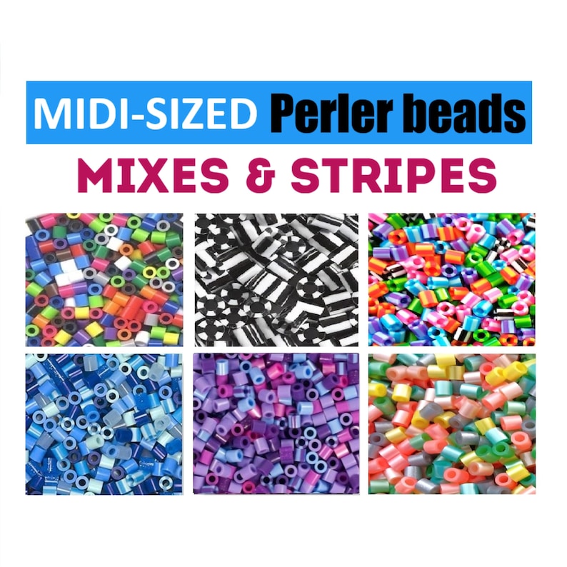 Puede incluir: Una imagen que muestra cuentas Perler MIDI-SIZED en mezclas y rayas. La imagen presenta seis combinaciones de colores diferentes, incluyendo una mezcla de colores primarios, rayas blancas y negras y tonos de azul, morado y colores pastel.