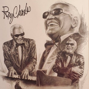 Antique AUTOGRAPHED Ray Charles Print, Illustrated By George Pollard in 2001. Printing 671 of 1400. Wisconsin Lottery, Limited Edition.