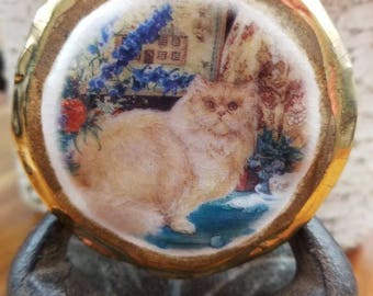 Hippity Vintage Cat Necklace. Just Over 18" Hanging Length. 'Sand Stone' Appearance. Hippity Painting With Small House in Background.