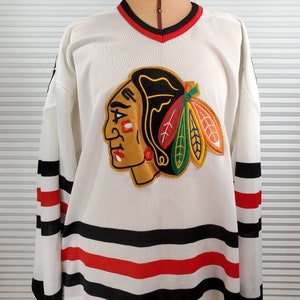 Vintage Chicago Blackhawks Hockey LARGE Jersey. Authentic CCM by Maska Tag. Made in U.S.A. Expected Vintage Age Wear. One Very Slight Stain.