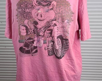 Harley Davidson Hanes Beefy T XL Late 80's/Early 90's Single Stitch Pink T Shirt. Tattered. Frayed Collar. Holes  on Hog. Numerous Holes.
