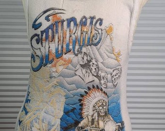 1988 Sturgis Tattered Fragile EPIC Small Sleeveless With Skeleton Wearing Headdress Riding Motorcycle In Front Of Mount Rushmore