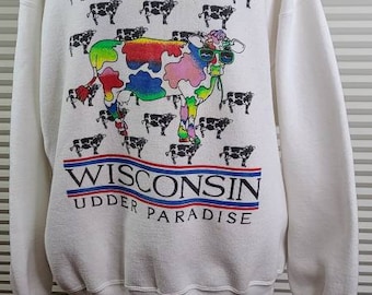 Vintage XL Wisconsin 'Udder Paradise' Art Sweatshirt. Colorful Cow Focal Point. Made in USA. Wearable Hippity History.