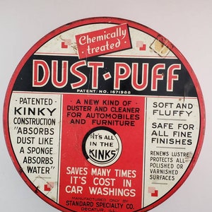 Vintage U.S. made tin from Illinois. Dust Puff Cleaner Tin. Standard Specialty Co. Chemical Product Advertising History. Functional Storage.