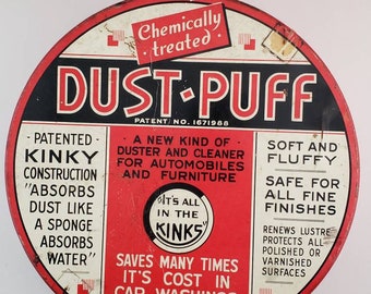 Vintage U.S. made tin from Illinois. Dust Puff Cleaner Tin. Standard Specialty Co. Chemical Product Advertising History. Functional Storage.