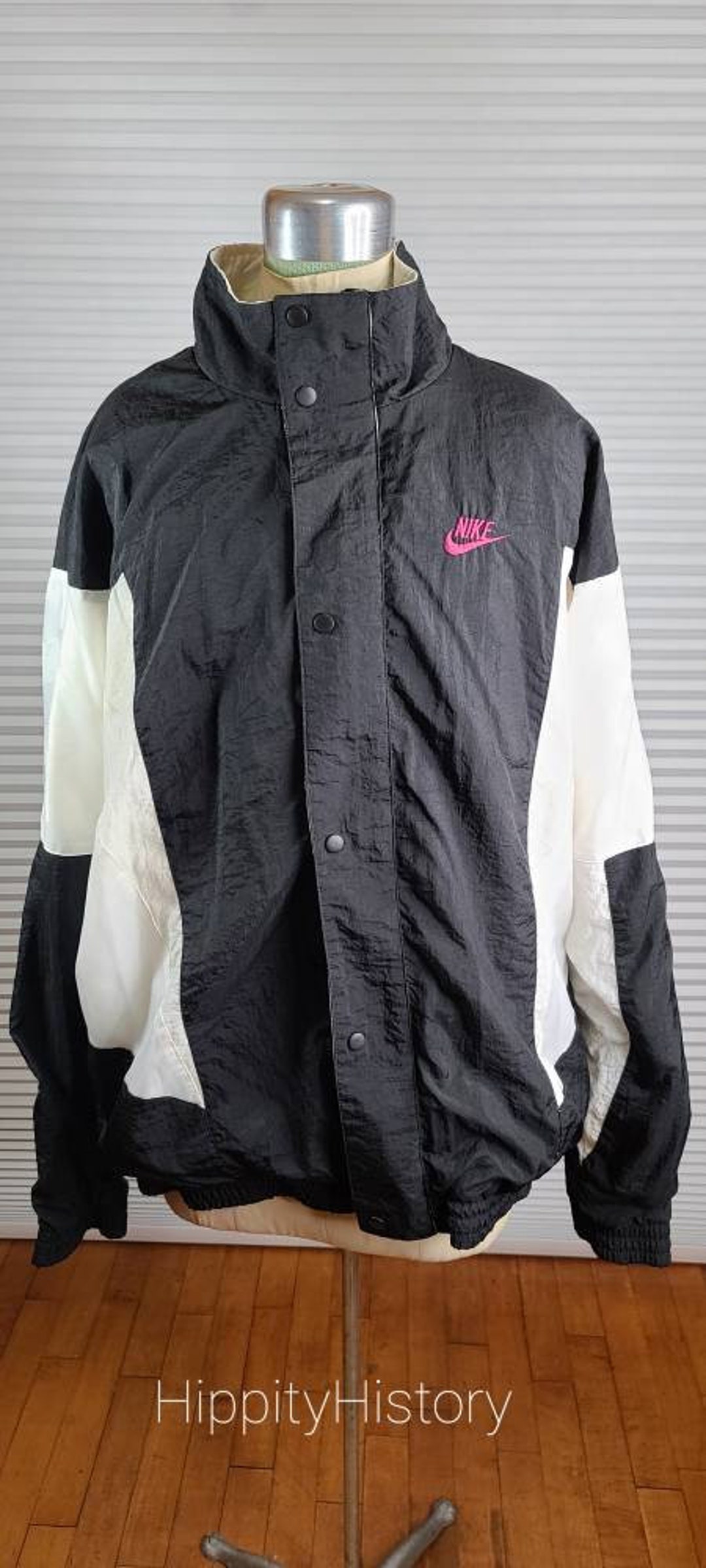 1988-1993 Nike XL Button Up Jacket with Purple Nike Swoosh on Left Upper Chest. Dynamic 80's Nike Jacket. Stain Patina on Collar. See Photos