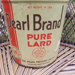 Antique Rare Pearl Brand Pure Lard Tin Net Weight 4 LBS. The Pearl Packing Co, Madison, Indiana. Collectible. Great Photography Piece.