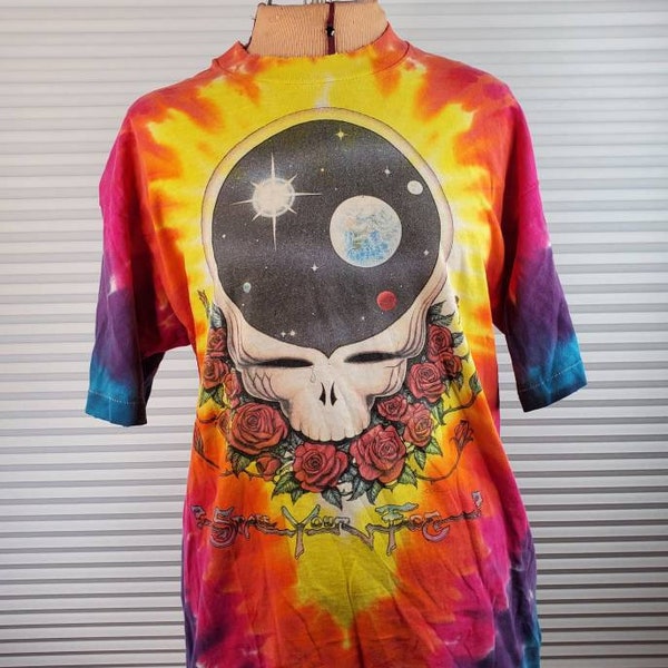 1992 Grateful Dead 'Space Your Face' LARGE Band T-Shirt. Classic Tie Dye. Liquid Blue Tag. Minor Age Wear As Noted In Listing And Pictured.