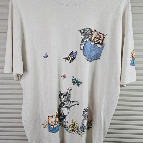 Kittens and Butterfly One Size Fits All Vintage 80's or Early 90's Single Stitch T Shirt