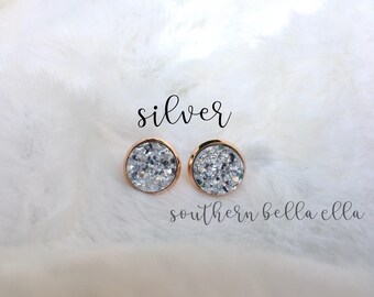 Silver or Rainbow Purple 10mm Druzy Stud Earrings with Rose Gold  { Lead-Free, Nickel-Free }