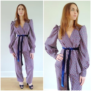 Geometric Two Piece Set - Wrap Top and Trousers - High Waisted Trouser Suit