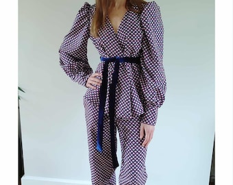 Handmade 70s Geometric Print Two-Piece Set: High-Waisted Trouser Suit
