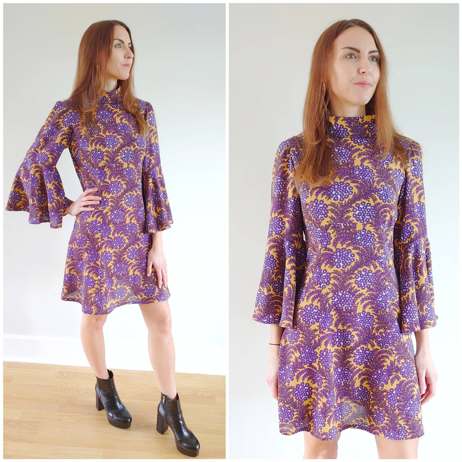 70s Style Mini Dress With Flared Sleeve ...