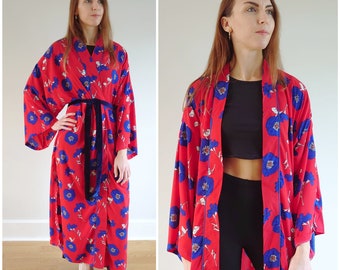 Kimono Robe in Red and Blue Floral Print - Women's Dressing Gown with Velvet Belt