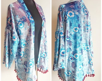 Velvet Cropped Kimono Jacket with Tassel Trim