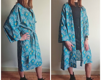 Kimono Robe in Cotton Teal Palm Print - Cotton Dressing Gown