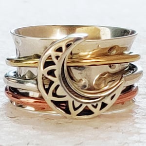 Moon Spinner Ring for women, 925 Sterling Silver Ring for Women, Meditation Fidget Ring, Wide Band Two Tone Ring, Amazing Party Ring