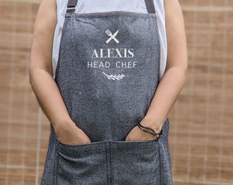 Personalised Kitchen Apron Custom Name Chef Cafe Adjustable Neck Dark Grey With Silver/ White Design