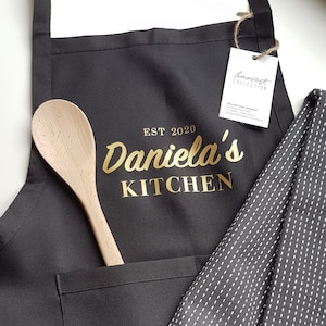 Personalised Kitchen Apron Custom Name Black White Gold