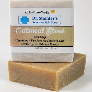 May include: A bar of Oatmeal Stout beer soap by Dr. Stamler's. The soap is unscented, dye-free, and made with 100% organic oils and butters. It is 4 ounces or 113 grams. The label says "All Profits to Charity".