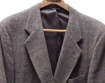 Kuppenheimer Wool Blazer Grey Prince of Wales Plaid Tweed Sport Coat Suit Jacket Men 48 Vintage Academia Grandpa