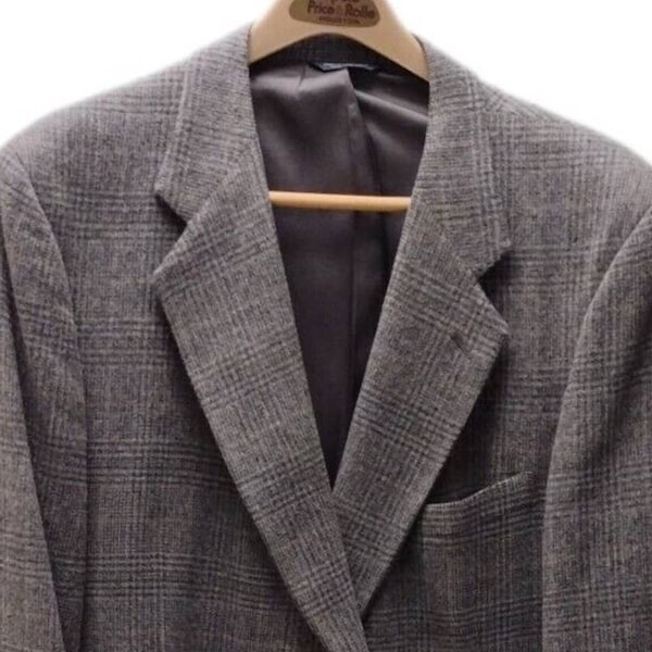 Kuppenheimer Wool Blazer Grey Prince of Wales Plaid Tweed Sport Coat Suit Jacket Men 48 Vintage Academia Grandpa