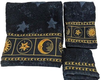 Springmaid Towel Set Vintage Celestial Bath Hand Wash Cloth Sun Moon Stars Cotton Tapestry Border Woven Loop 90s Navy Blue Golden Yellow