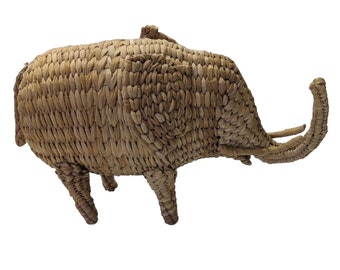 Woven Elephant Coin Bank Natural Wicker Sculpture Rattan Boho Animal Nursery