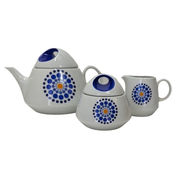 Bareuther Waldsassen Tea Pot Creamer Sugar Bowl Bavaria Germany MCM Deco Retro Vintage Mid Century Art Dots Blue Orange Mod 70s 80s Home