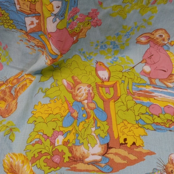 Beatrix Potter Twin Bedspread Peter Rabbit Nursery Kids Vintage 70s Blue Fringed Cotton Colorful Squirrel Duck Bunny Retro Garden