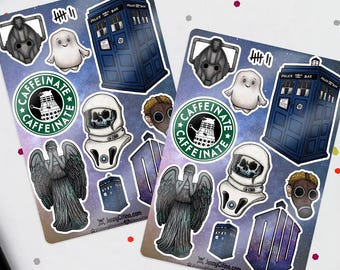MINI SET Doctor Who Inspired Sticker Sheet. Illustration, Planner, Journal, Doctor Who, The Doctor, Tardis, Dalek Caffeinate, Weeping Angel
