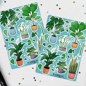 MINI SET Hoja de pegatinas para amantes de las plantas. Ilustración, Planificador, Diario, Monstera, Ficus lyrata, Lirio de la paz, Serpiente, Bambú, Pothos, Jardín
