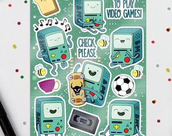 BMO Inspired Sticker Sheet. Illustration, Planner, Journal, Adventure Time, Cartoon, Candy Kingdom, Finn, Jake, Video Game Console, Mini PC
