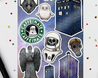 Doctor Who Inspired Sticker Sheet. Illustration, Planner, Journal, Doctor Who, The Doctor, Tardis, Dalek Caffeinate, Weeping Angel, Cyberman