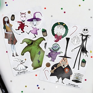 MINI SET La hoja de pegatinas inspirada en Pesadilla antes de Navidad. Ilustración Planificador Diario Jack Skellington Oogie Sally Halloween Espeluznante