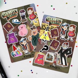 May include: Two Gravity Falls sticker sheets featuring various characters and symbols from the animated series. The stickers include characters like Dipper, Mabel, and Stan, along with iconic imagery such as the journal and the Mystery Shack.