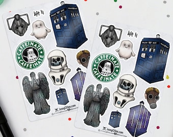 MINI SET Doctor Who Inspired Sticker Sheet. Illustration, Planner, Journal, Doctor Who, The Doctor, Tardis, Dalek Caffeinate, Weeping Angel