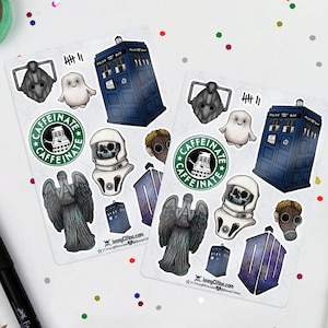 MINI SET Doctor Who Inspired Sticker Sheet. Illustration, Planner, Journal, Doctor Who, The Doctor, Tardis, Dalek Caffeinate, Weeping Angel