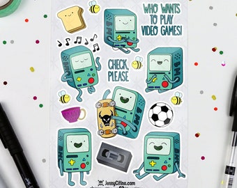 BMO Inspired Sticker Sheet. Illustration, Planner, Journal, Adventure Time, Cartoon, Candy Kingdom, Finn, Jake, Video Game Console, Mini PC