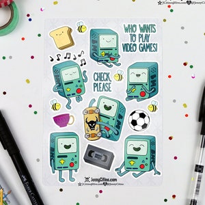 Arkusz naklejek inspirowanych BMO. Ilustracja, Planer, Dziennik, Czas przygody, Kreskówka, Candy Kingdom, Finn, Jake, Konsola do gier wideo, Mini PC