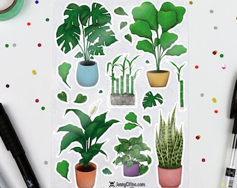 Plant Lover Sticker Sheet. Illustration, Planner, Journal, Monstera, Fiddle Leaf Fig, Peace Lily, Snake, Bamboo, Pothos, Leaves Leaf, Garden