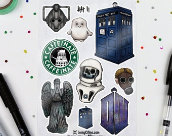 Doctor Who Inspired Sticker Sheet. Illustration, Planner, Journal, Doctor Who, The Doctor, Tardis, Dalek Caffeinate, Weeping Angel, Cyberman