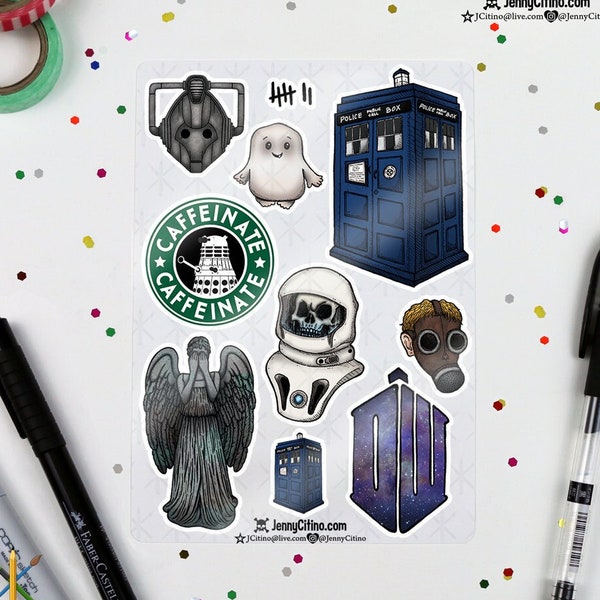 Doctor Who Inspired Sticker Sheet. Illustration, Planner, Journal, Doctor Who, The Doctor, Tardis, Dalek Caffeinate, Weeping Angel, Cyberman