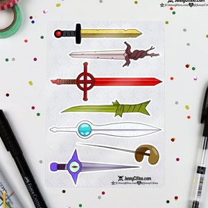 アドベンチャー タイム フィン ソードにインスパイアされたステッカー シート。イラスト、プランナー、ジャーナル、漫画、フィン ジェイク デーモン ブラッド ウェポン ゴールデン ソード ナイフ